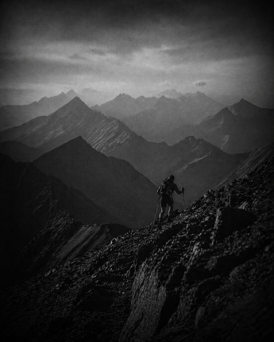Ultra-traileur sur crête alpine au crépuscule — pilier Ultra-Trail FORTE