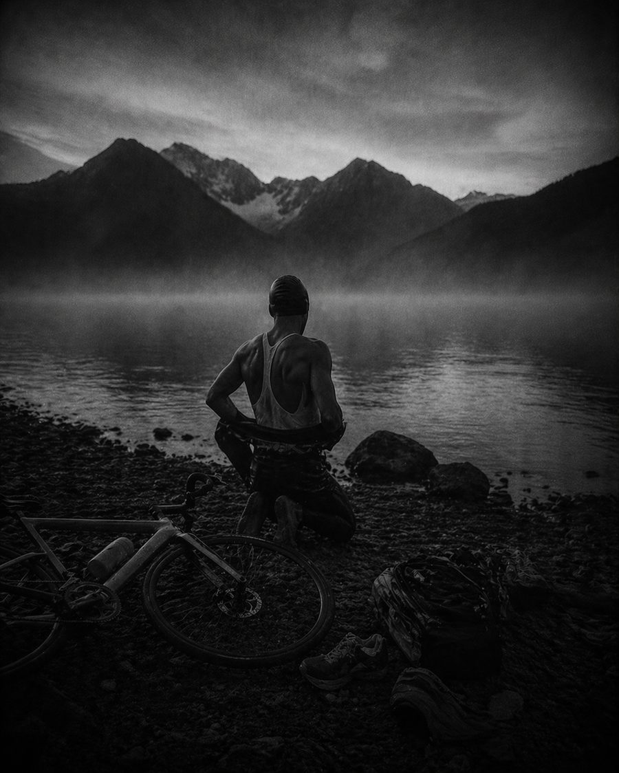 Athlète hybride en transition au bord d'un lac alpin — pilier Hybride FORTE